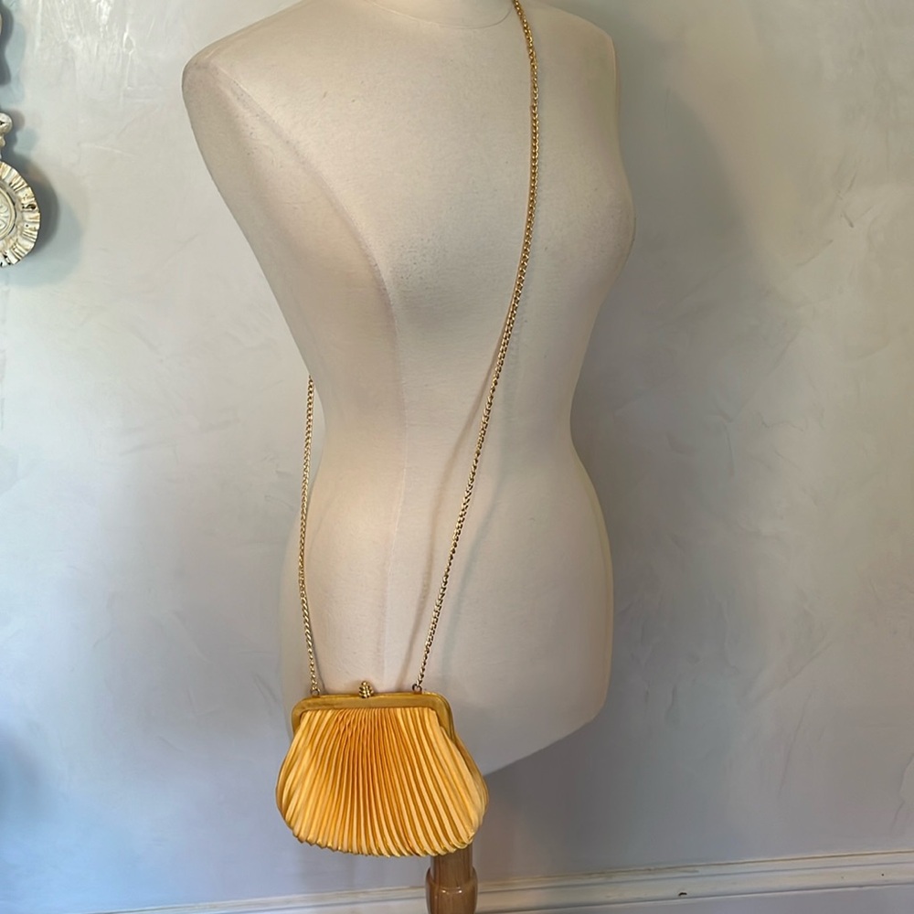 Sasha Gold Satin Pleated small purse w/Gold chain shoulder strap 7.5”W X 5.5”H - Picture 7 of 12